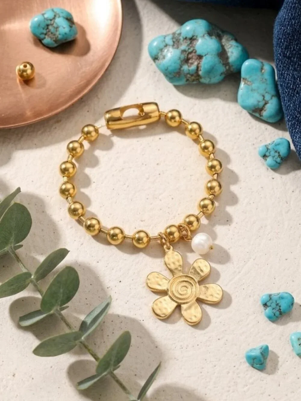 Gold Bead Bracelet Hammered Flower Charm Pearl Chunky Stretch 24K Plated Steel